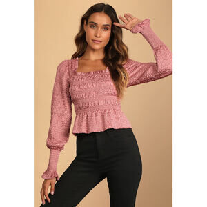 Lulus Fall For Me Mauve Pink Smocked Square Neck Long Sleeve Top - Size S